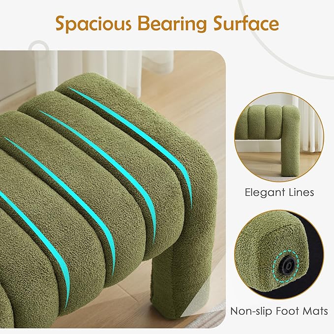 63" Bedroom Bench, Upholstered Entryway Bench, Modern End of Bed Ottoman with Solid Wood Legs and Adjustable Foot Pegs for Entryway, Dining Room and Living Room, 440lbs (Green Boucle)-CasaMuseHome