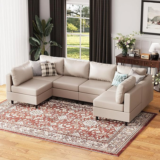 118.5" Faux Leather Modular Sectional Sofa with Storage Seat, Modern 6 Seater Couch Deep Seat with Removable Cover DIY Combination Whitesand-CasaMuseHome