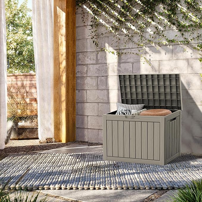 45 Gallon Lockable Resin Deck Box, Waterproof & UV-Resistant Outdoor Storage Box for Outdoor Cushion Storage, Garden Tools & Pool Accessories Storage, Gray-CasaMuseHome