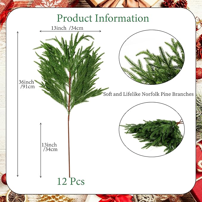 12Pcs Artificial Norfolk Pine Branches 36" Plastic Christmas Plants Decor Faux Greenery Stems Pine Picks Outdoor Faux Plants UV Resistant for Xmas Indoor, Front Porch Home Décor (12, 36inch)-CasaMuseHome