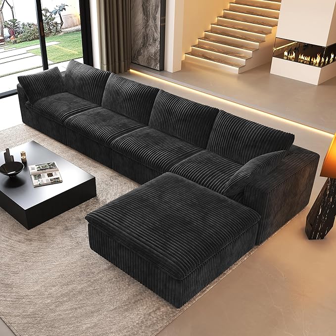 157.5" L Shaped Modern Sofa Modular Sectional Cloud Couch with Ottoman,Deep Seat Upholstered Couches with Corduroy Fabric for Living Room Furniture,Bedroom and Apartment,No Assembly Required,Black-CasaMuseHome