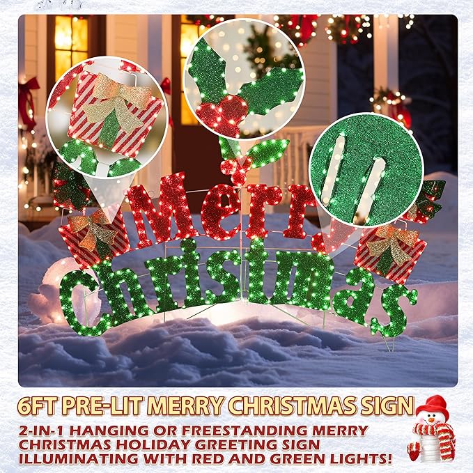 6FT Merry Christmas Sign for Decoration, 2-in-1 Pre-Lit Holiday Greeting Sign Decor with 456 LED Lights, Freestanding or Hanging Glittered Holiday Display for Outdoor, Indoor-CasaMuseHome
