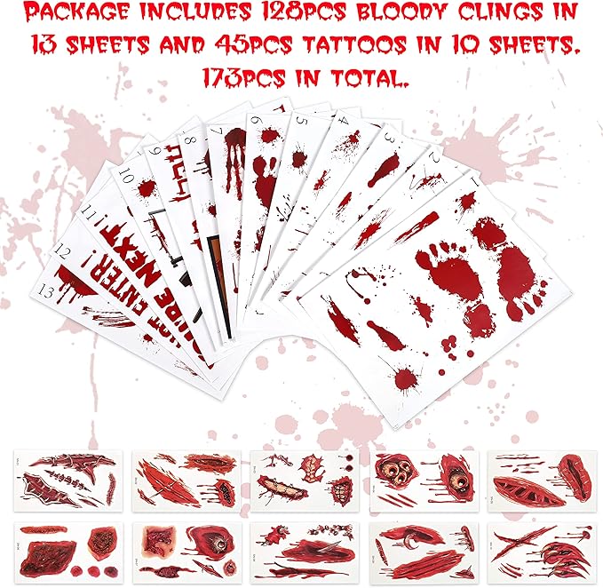173PCS Halloween Bloody Footprints Floor Clings Plus Tattoos - Hallowmas Handprint Zombie Restroom Sign Decals Party Decorations-CasaMuseHome