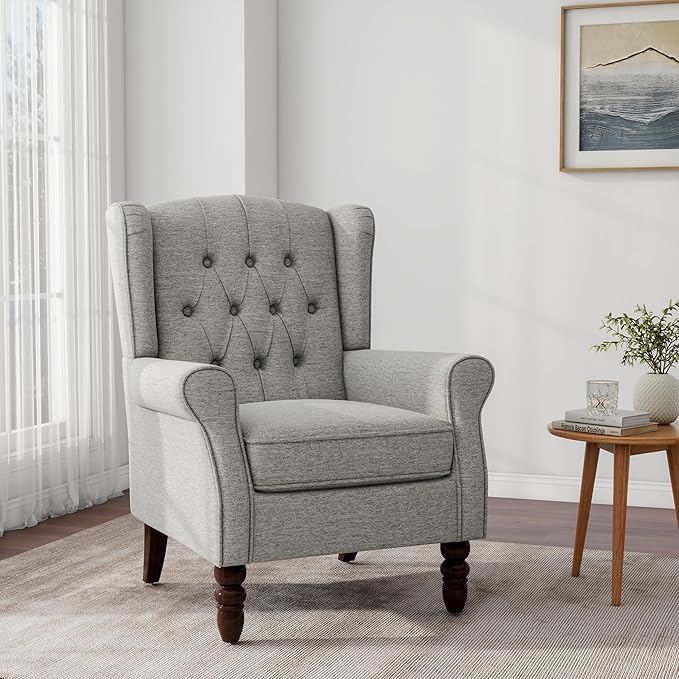 Accent Chair, Upholstered Armchair with Button Tufted High Back & Solid Wood Legs, Comfy Wingback Reading Single Sofa Chair for Small Spaces, Living Room, Bedroom (Light Grey, Set of 2)-CasaMuseHome