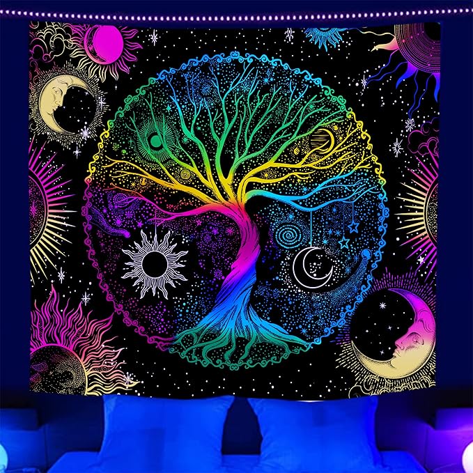 AACKart Blacklight Tapestry for Bedroom - Spiritual Tree of Life Wall Tapestry Glow in the Dark Wall Hanging 90.5 x 70.8 inches-CasaMuseHome