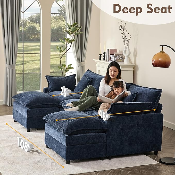 108" U Shaped Couch, Modular Sectional Sofa, 3-Seater Comfy Cloud Couch with Movable Ottoman, Deep Seat Couches for Living Room, Chenille, Navy-CasaMuseHome