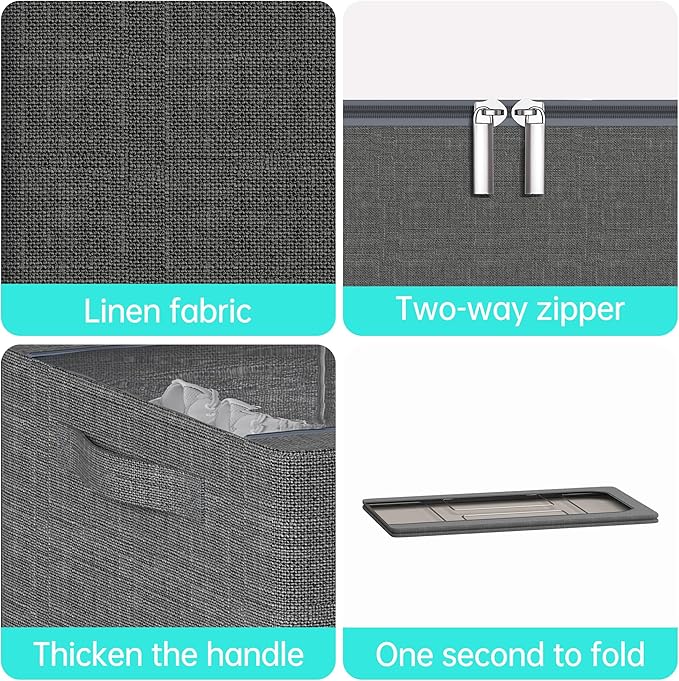 3PCS Under Bed Storage Bins with Metal Frame, Linen Fabric Frame Storage Box Clothes Organizer Bins, Underbed Container with Clear Window (Dark Grey, 15.7 x 13 x 6IN)-CasaMuseHome