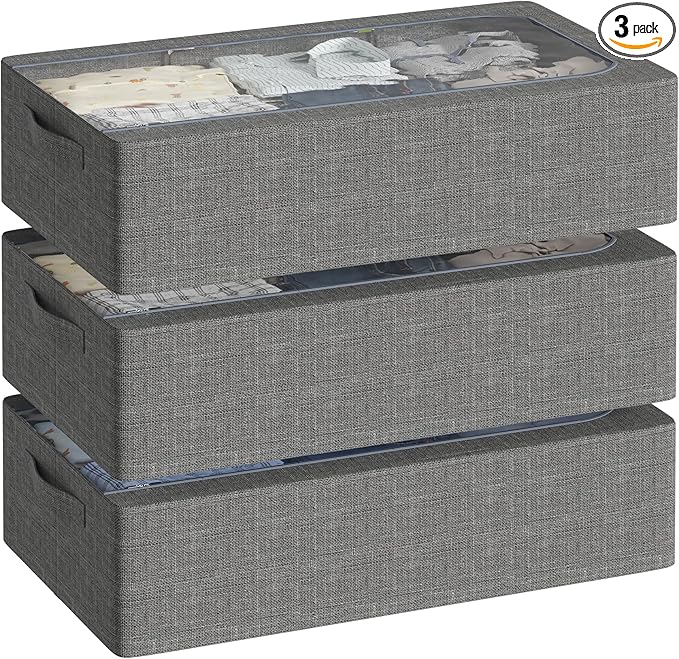 3PCS Under Bed Storage Bins with Metal Frame, Linen Fabric Frame Storage Box Clothes Organizer Bins, Underbed Container with Clear Window (Dark Grey, 15.7 x 13 x 6IN)-CasaMuseHome
