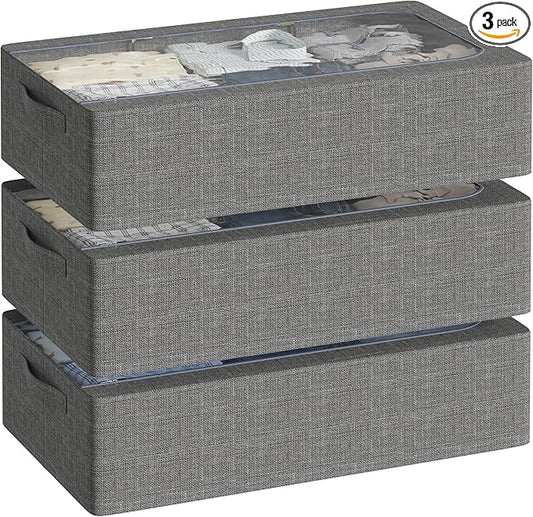 3PCS Under Bed Storage Bins with Metal Frame, Linen Fabric Frame Storage Box Clothes Organizer Bins, Underbed Container with Clear Window (Dark Grey, 15.7 x 13 x 6IN)-CasaMuseHome