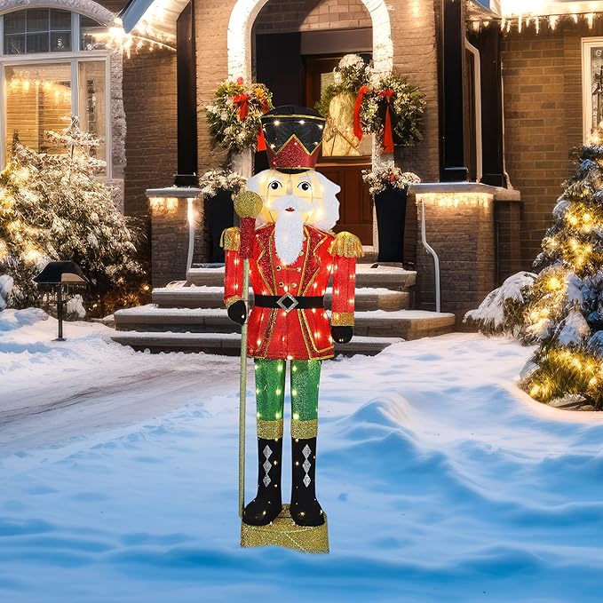 5.9FT Lighted Nutcracker with Mace for Christmas Decoration, 3D Pre-Lit Iridescent Soldier Xmas Decor with 100 Warm White Lights, Glittered Standing Holiday Display for Outdoor, Indoor-CasaMuseHome