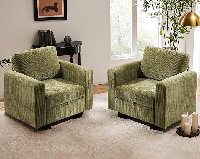 38.5 Oversized Accent Chair with Storage Green Corduroy Set of 2, Single Modern Accent Sofa Chair with Arms for Apartment Living Room (21" Deep Seat)-CasaMuseHome