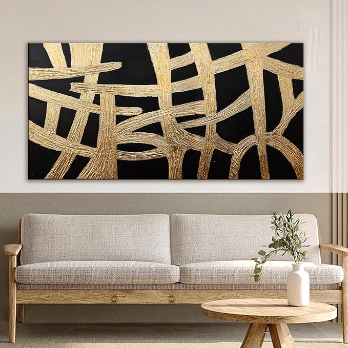 Abstract Wall Art Paintings Wall Decor Large Canvas Wall Art Decor Black And Gold Lines Texture Wall Art Artwork Modern Minimalist Wall Art Living Room For Room Bedroom Office Wall Decor 29"X58"-CasaMuseHome