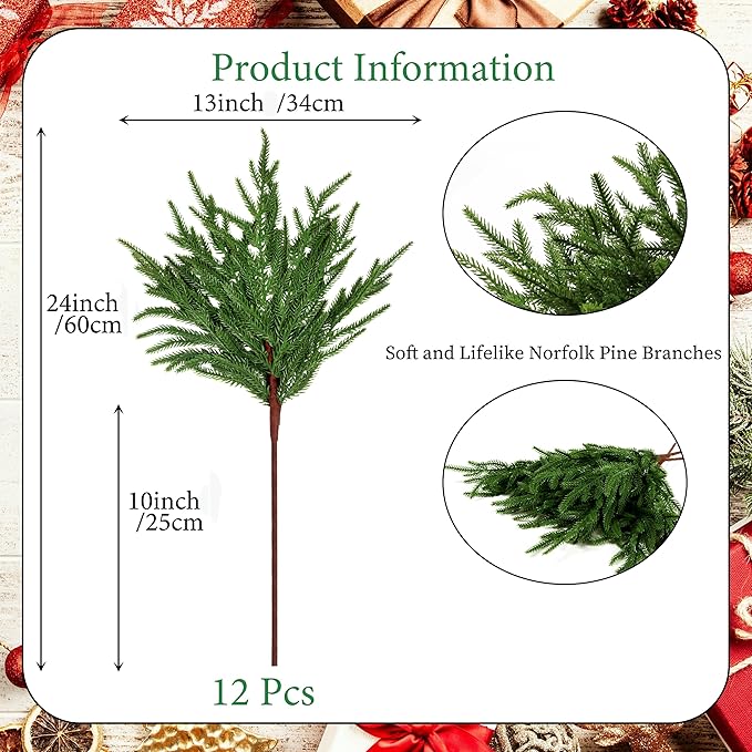 12Pcs Artificial Norfolk Pine Branches 24" Plastic Christmas Plants Decor Faux Greenery Stems Pine Picks Outdoor Faux Plants UV Resistant for Xmas Indoor, Front Porch Home Décor (12, 24inch)-CasaMuseHome