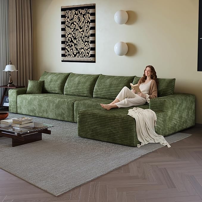 136" Sectional Couches for Living Room Modern Modular Sofa with L-Shape Couchs Upholstered Boneless Couch Deep Seat Sectional Couch with Chaise (Green, Right Facing Chaise+3Seaters)-CasaMuseHome