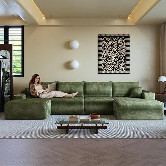 108" Sectional Couches for Living Room Modern Modular Sofa with L-Shape Couchs Upholstered Boneless Couch Deep Seat Sectional Couch with Chaise (Green, Right Facing Chaise+3Seaters+Ottoman)-CasaMuseHome