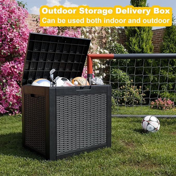 30 Gallon Wicker Pattern Resin Deck Box, Lockable Patio Outdoor Storage Box for Furniture, Garden Tools and Tools Storage, Waterproof Outside Storage Box - Black Rattan-CasaMuseHome