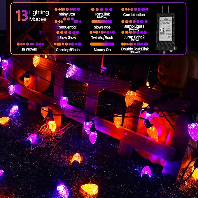 2PK 100 LED Purple and Orange C9 Halloween Lights Indoor Outdoor, Extendable 98FT C9 String Lights with 13 Modes & Timer, Waterproof Plug in Halloween Decorations for Tree Patio Fall Party Garden-CasaMuseHome