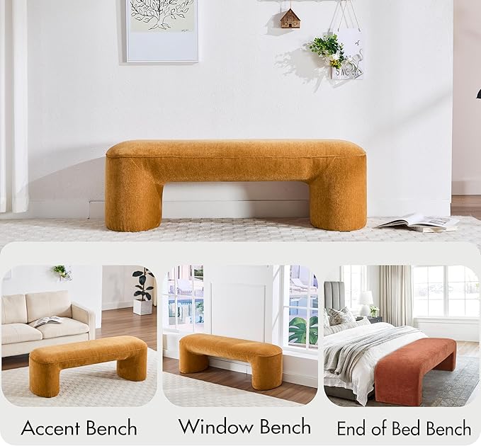 3-Piece 53" Comfy Upholstered Dining Bench with 2 Ottomans, Accent Waterfall Bench Modern End of Bed Entryway Bench Vanity Stool，Pumpkin Chenille-CasaMuseHome