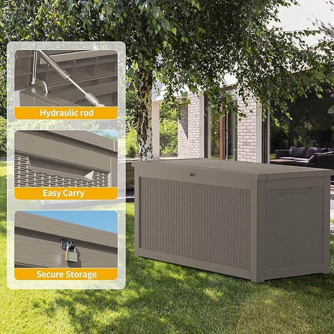 260 Gallon Double-Wall Resin Deck Box - Lockable Waterproof Outdoor Storage Box, 1000lbs Capacity & Doubles as Seating for Patio Furniture - Garden Tools, Pool Accessories (Brown)-CasaMuseHome