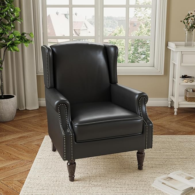 Accent Chair, Faux Leather High Back Armchair or Living Room, Comfy Upholstered Single Sofa Reading Chair with Solid Wood Legs for Office, Bedroom, Waiting Room-Black-CasaMuseHome