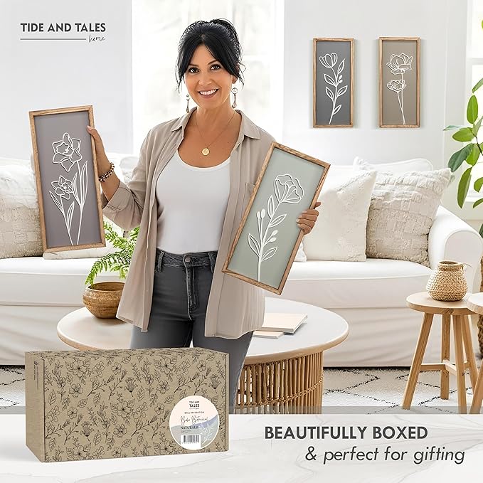 3D Wooden Floral Bathroom Wall Decor (Set of 4) Lightweight, Ready-to-Hang Framed Wall Art For Living Room, Bedroom, or Office - Premium Boho Botanical Farmhouse Decorations - Gift-Boxed-CasaMuseHome