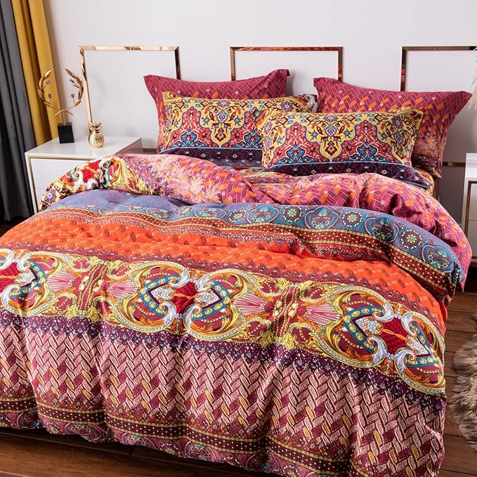 ABREEZE Bohemian Duvet Cover Set Colorful Orange Boho Retro Bedding Set Damask Paisley Cotton Duvet Cover Tribal Reversible Bedding Exotic Style Comforter Cover 3-Piece Twin-CasaMuseHome