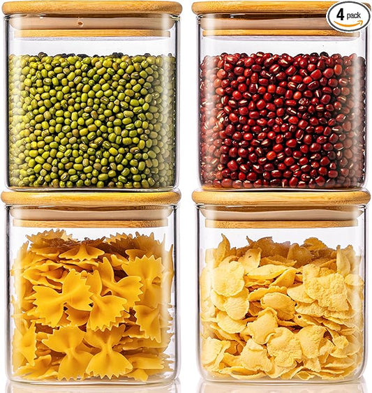 27oz - 4 Pack Square Glass Jars with Bamboo Lids, Glass Food Storage Containers with Airtight Lids for Kitchen, Air Tight Pantry Storage Containers for Cereal, Pasta, Rice, Sugar, Coffee, Spice-CasaMuseHome