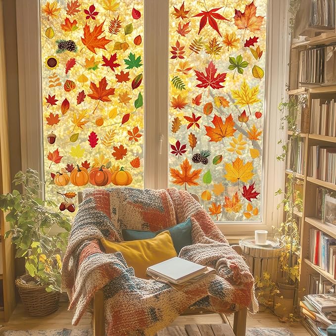9 Sheets Fall Decorations, 274 PCS Fall Window Clings, Double Sided Autumn Stickers with Maple Leaves Pumpkin Nuts, Autumn Window Clings for Party Thanksgiving Decor Indoor Outdoor Accessories-CasaMuseHome