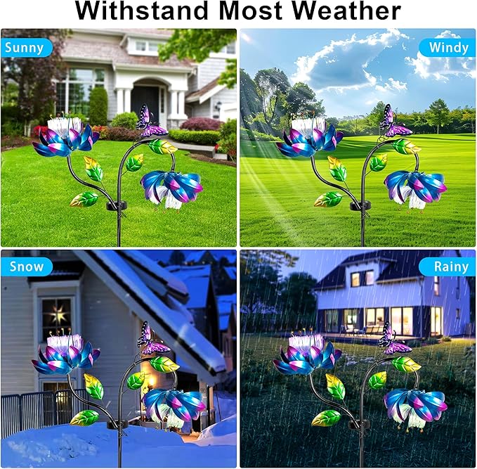50'' Solar Powered Kinetic Wind Spinner Sculpture Blue Lotus Metal Stake Spinner for Patio, Lawn and Garden Decor Weather Resistant Outdoor Art with Dual Lotus with Butterfly Design-CasaMuseHome
