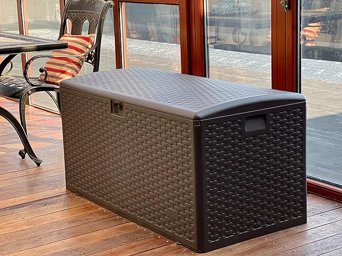 73 Gallon Large Storage Box with Lid,Waterproof Outdoor Storage Container for Patio Furniture Cushions, Gardening Tools, Pool Accessories, Lockable Resin Deck Box with handle Brown-CasaMuseHome