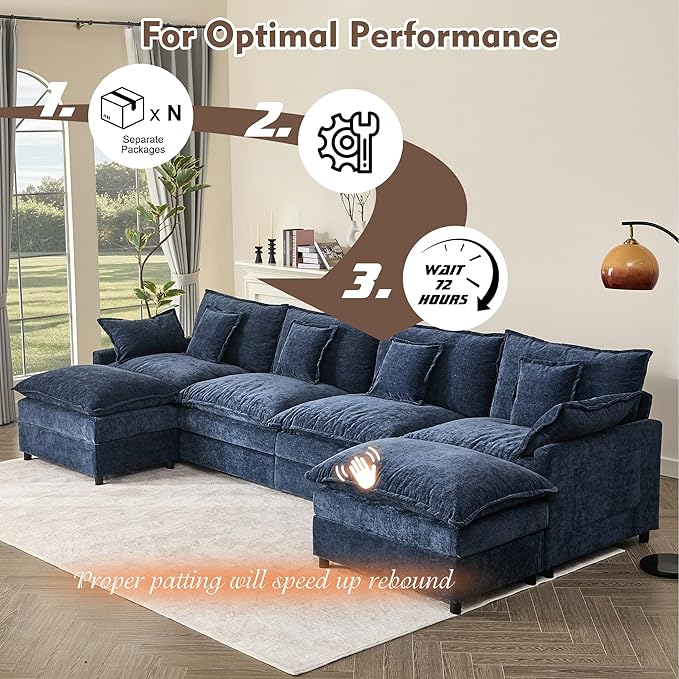 142.5" U Shaped Couch, Modular Sectional Sofa, 3-Seater Comfy Cloud Couch with Movable Ottoman, Deep Seat Couches for Living Room, Chenille, Navy-CasaMuseHome