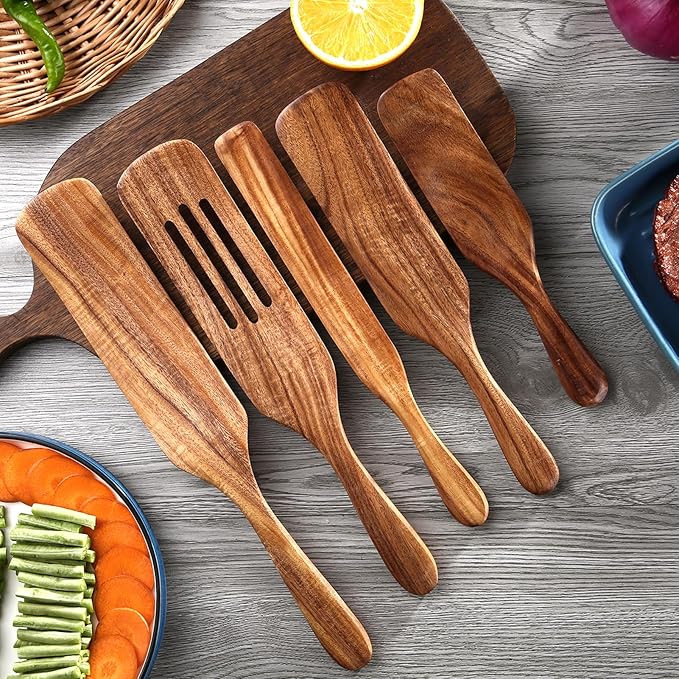 5 Pcs Wooden Spurtle Set, Natural Teak Kitchen Utensil Set Heat Resistant Non-Stick Wooden Spoons Tools for Cooking, Stirring, Mixing, Serving, Spurtles Kitchen Tools As Seen On TV-CasaMuseHome