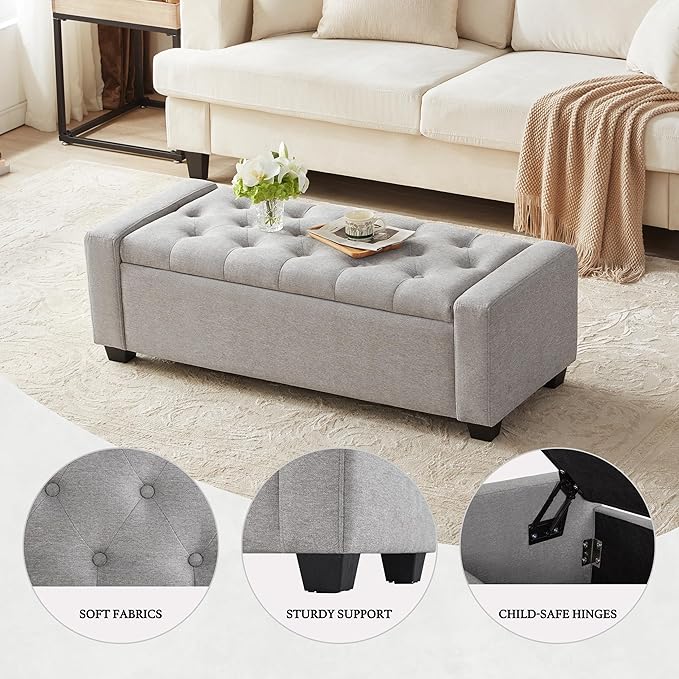 48" Ottoman with Storage, Storage Ottoman Bench with Safety Hinge, Upholstered Entryway Bench with Seating for Bedroom, Living Room, Holds up to 330 lb(Light Gray)-CasaMuseHome