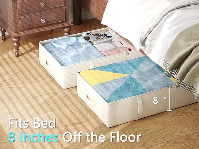 2-Pack Under Bed Storage Containers, 8 Inches Tall Underbed Clothes Storage Organizer Bin with Sturdy Sidewalls/Bottom, Under the Bed Storage Bags 2 Storage Bins, Beige-CasaMuseHome
