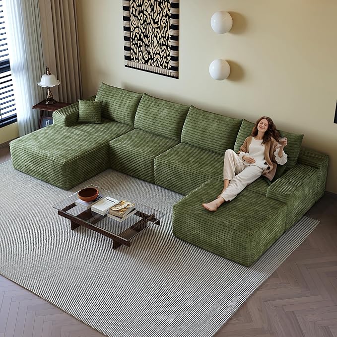 108" Sectional Couches for Living Room Modern Modular Sofa with L-Shape Couchs Upholstered Boneless Couch Deep Seat Sectional Couch with Chaise (Green, Left Facing Chaise+3Seaters+Ottoman)-CasaMuseHome