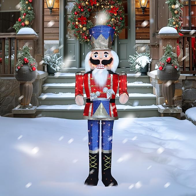 5FT Lighted Nutcracker with Drum for Christmas Decoration, Pre-Lit 3D Iridescent Soldier Xmas Decor with 100 Warm White Lights, Glittered Standing Holiday Display for Outdoor, Indoor-CasaMuseHome