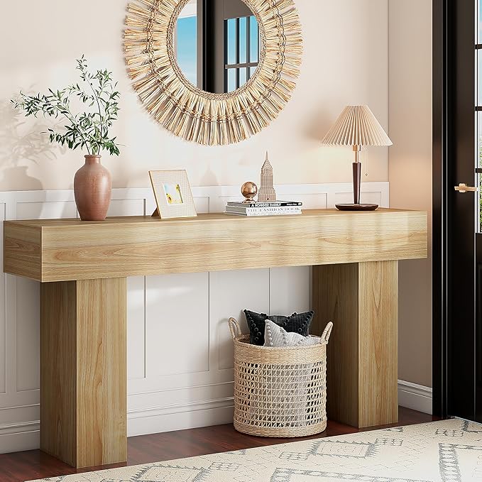 63 Inch Long Console Table for Entryway, Farmhouse Wood Rectangular Sofa Table Behind Couch Table, Narrow Entryway Table for Living Room, Entrance, Hallway, Foyer, Easy Assembly (Natural)-CasaMuseHome