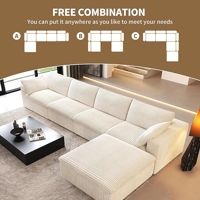 157.5" L Shaped Modern Sofa Modular Sectional Cloud Couch with Ottoman,Deep Seat Upholstered Couches with Corduroy Fabric for Living Room Furniture,Bedroom and Apartment,No Assembly Required,White-CasaMuseHome