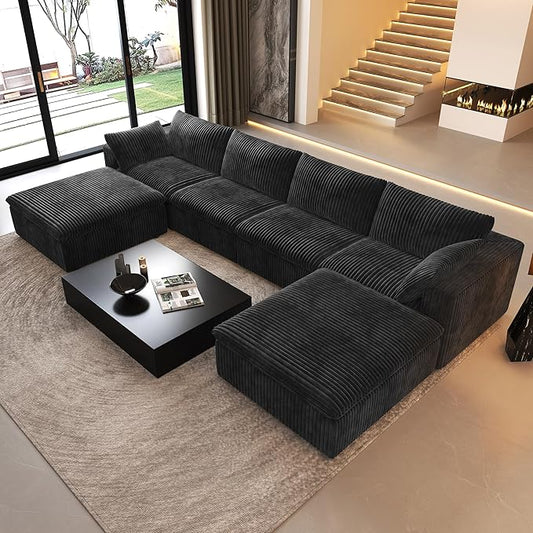 157.5" U Shaped Modern Sofa Modular Sectional Cloud Couch with 2 Ottoman,Deep Seat Upholstered Couches with Corduroy Fabric for Living Room Furniture,Bedroom and Apartment,No Assembly Required,Black-CasaMuseHome
