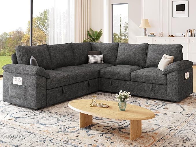 85 Inch Modular Sectional Sofa with Pull Out Bed,L Shaped 5 Seat Sectional Sleeper Sofa with Storage,Sectional Couches for Living Room,Cloud Modular Couch,Removable Sofa Cover,Dark Grey-CasaMuseHome