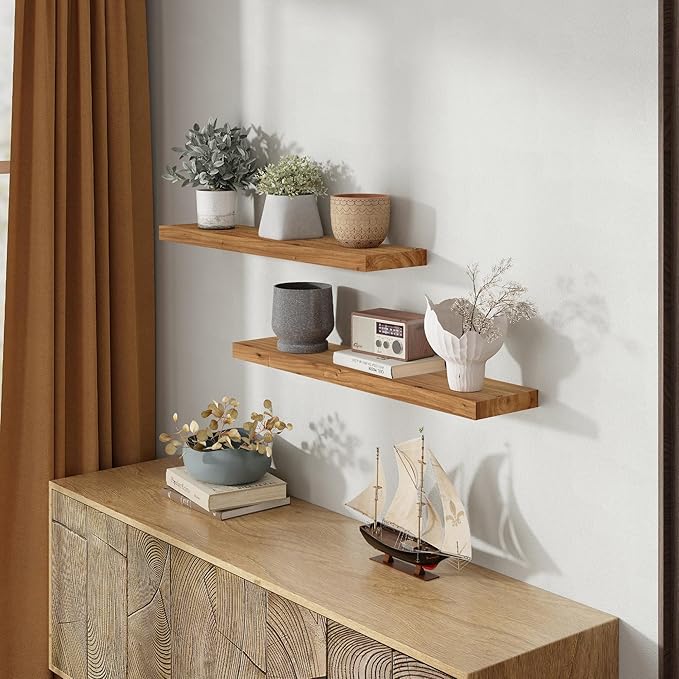 36 Inch Floating Shelves for Wall, Rustic Elm Wood Shelf for Home Decor, Heavy-Duty Wooden Floating Shelves for Kitchen, Wall Mounted Storage Shelves for Bathtoom, Living Room, Natural Color, Set of 2-CasaMuseHome