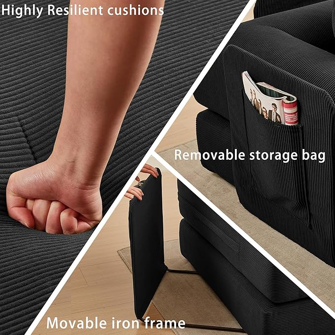 107" Oversized Convertible Sleeper Sofa Bed, Corduroy L Shape Sectional Couch, Folding Sofa Bed with Side Pocket, Modern Cloud Floor Mattress Couch, Modular Sofa for Living Room, Black-CasaMuseHome