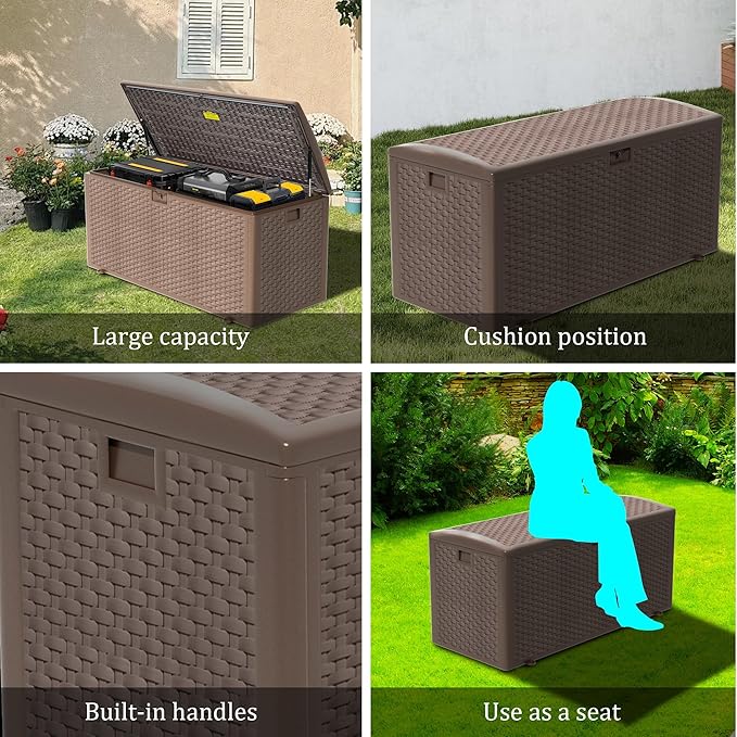 180 Gallon Pro Outdoor Storage Box Waterproof Lockable Resin Deck Box Large, Patio Storage Bin for Pool Accessories Cushion Furniture, Garden Tools, UV-Resistant Outside Delivery Brown-CasaMuseHome