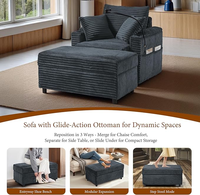 Accent Chair with Storage Ottoman Upholstered Living Room Chairs for Reading Chair with Chaise Lounge Chairs Indoor, Comfortable Armchair for Bedroom-CasaMuseHome