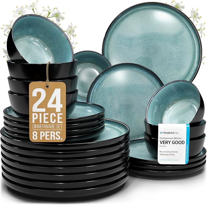 24 Piece Dinnerware Sets for 8 - Modern Style Stoneware Dinnerware Set - Scratch Resistant, Dishwasher Safe Plates and Bowls Sets Ceramic, Dish Set, Bowl and Plate Set - Black and Petrol Blue…-CasaMuseHome