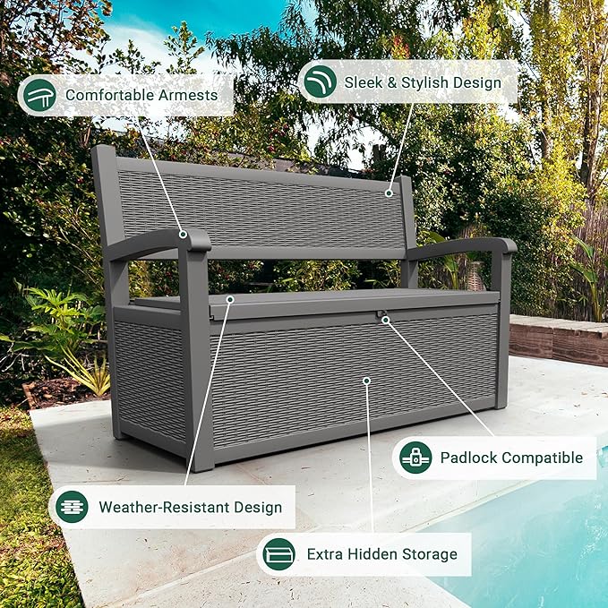 70 Gallon Outdoor Storage Bench Deck Box Lockable for Patio Furniture, Outdoor Porch Bench with Storage Waterproof for Cushions, Garden Tools and Pool Supplies, Grey-CasaMuseHome