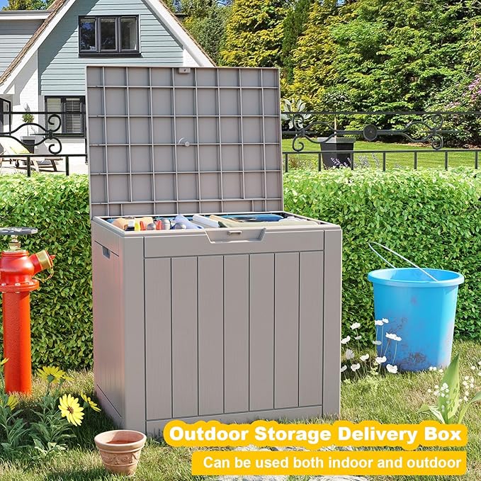 37 Gallon Deck Box Large Outdoor Storage for Patio Furniture,Outdoor Cushions,Garden Tools and Pool Supplies,Waterproof,Resin,Lockable(Grey)-CasaMuseHome