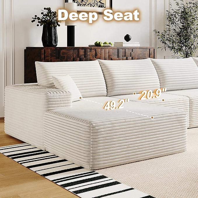 136" Sectional Couches for Living Room Modern Modular Sofa with L-Shape Couchs Upholstered Boneless Couch Deep Seat Sectional Couch with Chaise (White, Left Facing Chaise+3Seaters)-CasaMuseHome