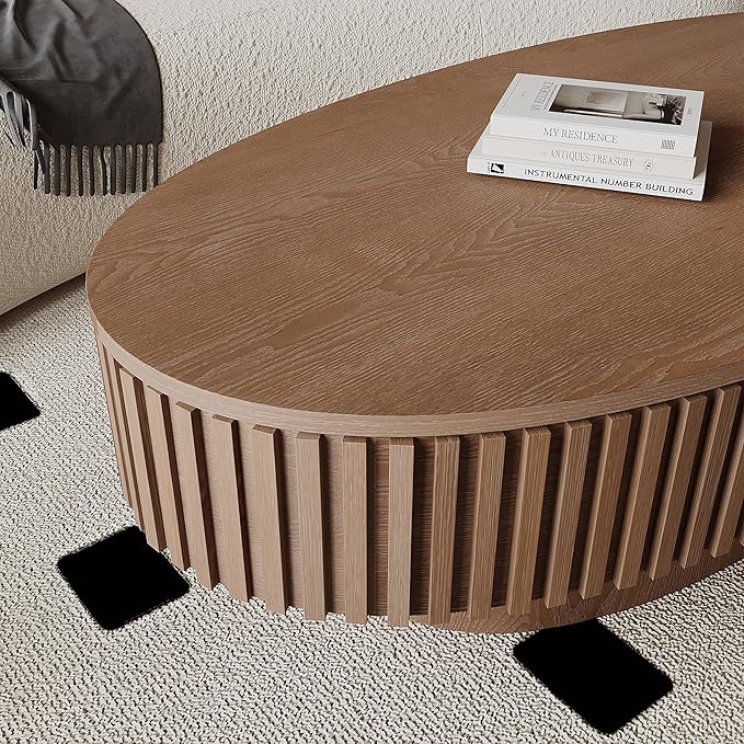 47.2''Oval Coffee Table with Storage, Mid Century Modern Fluted Drum Center Tables with Lid, Solid Wood Side Pedestal Coffee Table Tea Table for Living Room, Bedroom, Apartment-Walnut-CasaMuseHome
