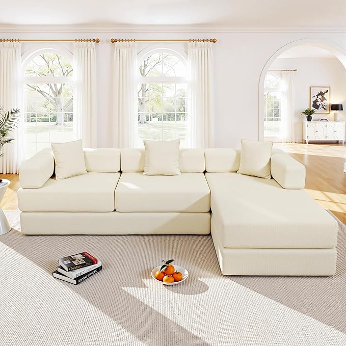 108" Oversized Convertible Sleeper Sofa Bed, Corduroy L Shape Sectional Couch, Folding Sofa Bed with Side Pocket, Modern Cloud Floor Mattress Couch, Modular Sofa for Living Room, Beige-CasaMuseHome